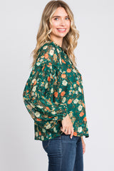 Forest Green Floral Ruffle Accent Top