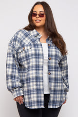 Navy Blue Flannel Plaid Button Up Maternity Plus Shacket