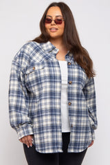 Navy Blue Flannel Plaid Button Up Plus Shacket