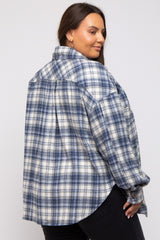 Navy Blue Flannel Plaid Button Up Plus Shacket