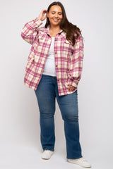 Magenta Flannel Plaid Button Up Maternity Plus Shacket