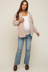 Beige Corduroy Plaid Fleece Lined Button Down Maternity Shacket