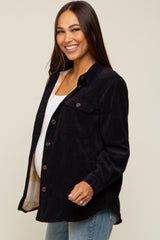 Black Corduroy Plaid Fleece Lined Button Down Maternity Shacket