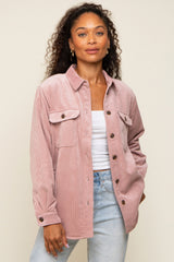 Mauve Corduroy Plaid Fleece Lined Button Down Shacket