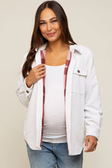 White Corduroy Plaid Fleece Lined Button Down Maternity Shacket