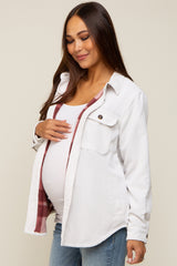 White Corduroy Plaid Fleece Lined Button Down Maternity Shacket