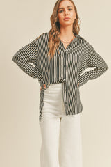 Black Striped Satin Collared Round Hem Maternity Blouse