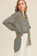 Black Striped Satin Collared Round Hem Blouse