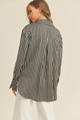 Black Striped Satin Collared Round Hem Blouse