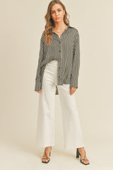 Black Striped Satin Collared Round Hem Blouse