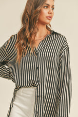 Black Striped Satin Collared Round Hem Blouse