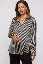 Black Striped Satin Collared Round Hem Maternity Blouse