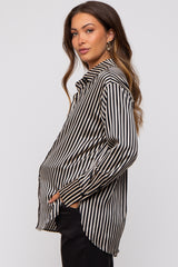 Black Striped Satin Collared Round Hem Maternity Blouse