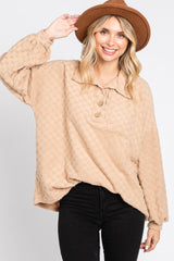 Taupe Fuzzy Checkered Button Front Top