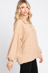 Taupe Fuzzy Checkered Button Front Top