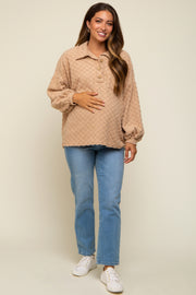 Taupe Fuzzy Checkered Button Front Maternity Top