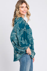 Teal Floral Tie Detail Long Sleeve Blouse