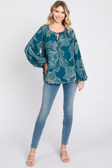 Teal Floral Tie Detail Long Sleeve Blouse