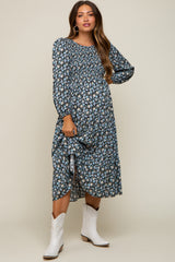 Black Floral Smocked 3/4 Sleeve Maternity Midi Dress