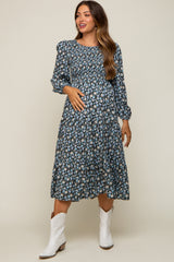 Black Floral Smocked 3/4 Sleeve Maternity Midi Dress