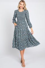 Black Floral Smocked 3/4 Sleeve Maternity Midi Dress