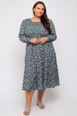 Black Floral Smocked 3/4 Sleeve Maternity Plus Midi Dress