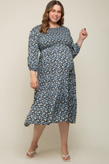 Black Floral Smocked 3/4 Sleeve Maternity Plus Midi Dress