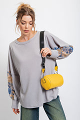 Grey Waffle Knit Contrast Sleeve Maternity Top