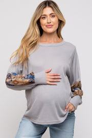 Grey Waffle Knit Contrast Sleeve Maternity Top