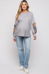 Grey Waffle Knit Contrast Sleeve Maternity Top