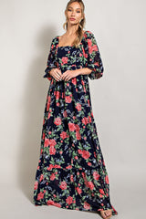 Navy Blue Floral Chiffon Square Neck 3/4 Ruffle Sleeve Maxi Dress