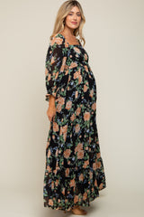 Black Floral Chiffon Square Neck 3/4 Ruffle Sleeve Maternity Maxi Dress