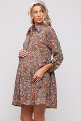 Brown Paisley Print Collared Maternity Dress