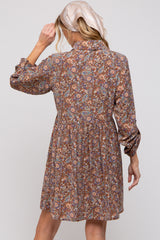 Brown Paisley Print Collared Maternity Dress