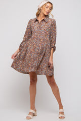 Brown Paisley Print Collared Maternity Dress