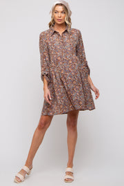 Brown Paisley Print Collared Maternity Dress