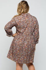 Brown Floral Paisley Button Up Maternity Plus Dress