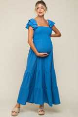 Blue Smocked Ruffle Off Shoulder Tiered Maternity Maxi Dress