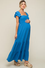 Blue Smocked Ruffle Off Shoulder Tiered Maternity Maxi Dress