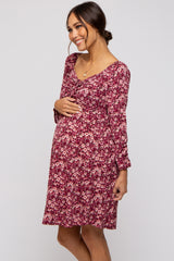 Burgundy Floral Ruched Long Sleeve Maternity Dress