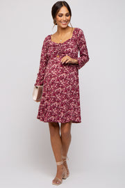 Burgundy Floral Ruched Long Sleeve Maternity Dress