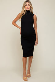 Black Knit Fitted Turtleneck Maternity Midi Dress