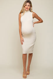 Cream Knit Fitted Turtleneck Maternity Midi Dress