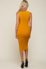 Mustard Knit Fitted Turtleneck Maternity Midi Dress