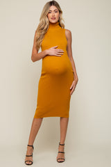 Mustard Knit Fitted Turtleneck Maternity Midi Dress