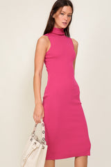 Fuchsia Knit Fitted Turtleneck Midi Dress