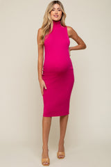 Fuchsia Knit Fitted Turtleneck Maternity Midi Dress