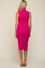 Fuchsia Knit Fitted Turtleneck Maternity Midi Dress