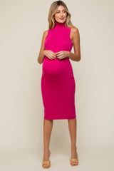 Fuchsia Knit Fitted Turtleneck Maternity Midi Dress