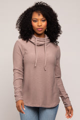 Taupe Ribbed Long Sleeve Hooded Maternity Top